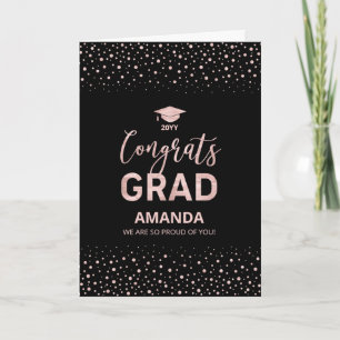 Rose Gold, Black Confetti Congrats Grad Graduation Card