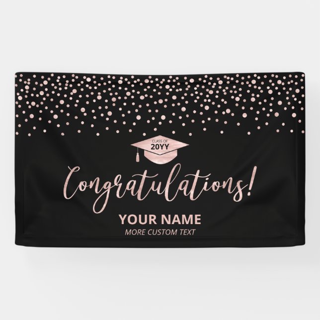 Rose Gold Black Confetti Congratulation Graduation Banner (Horizontal)