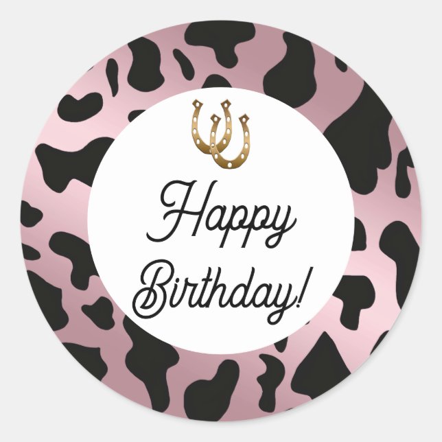 Rose Gold & Black Cow Spots Birthday Classic Round Sticker (Front)