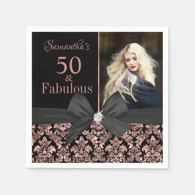 Rose Gold Black Damask 50th Birthday photo Napkin (Front)