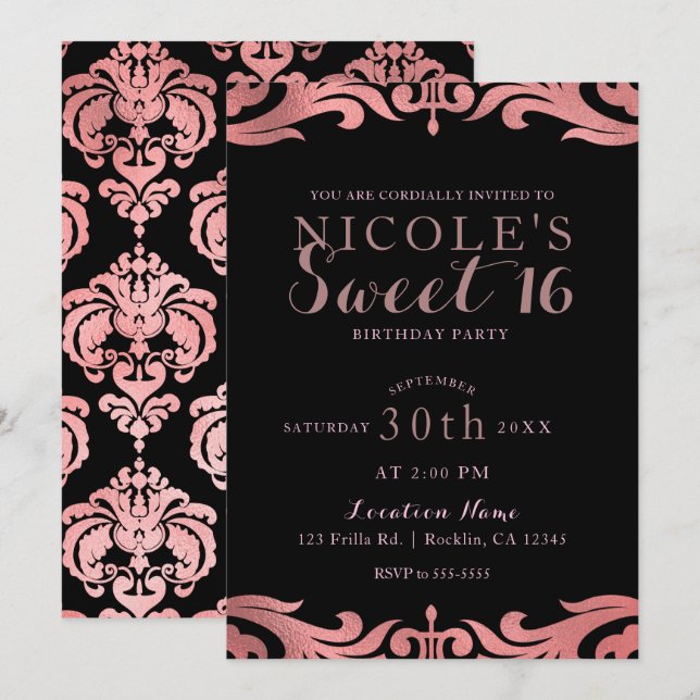 Rose Gold Black Damask Chic Elegant Sweet 16 Party Invitation (Front/Back)