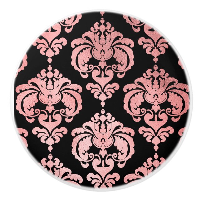 Rose Gold & Black Damask Elegant Bedroom Dresser Ceramic Knob (Front)