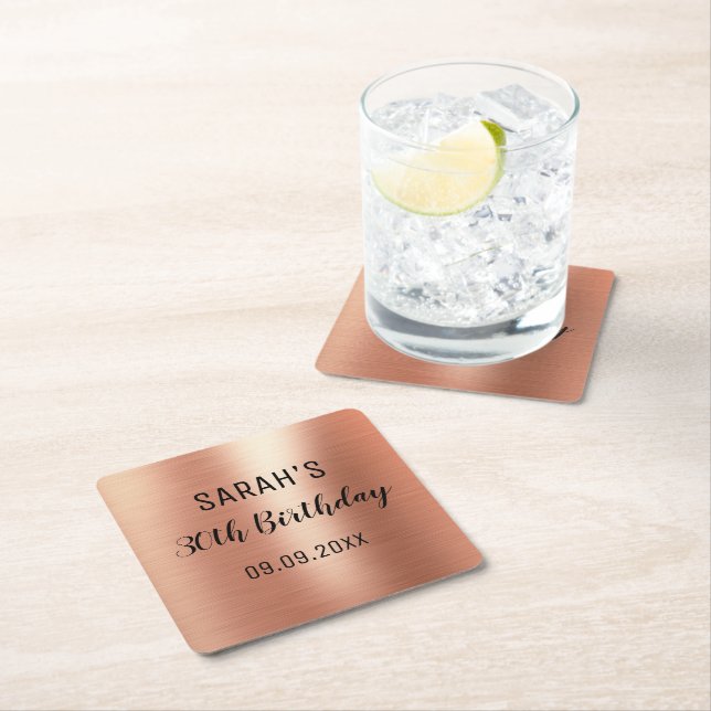 Rose Gold Black Elegant Any Age 30th Birthday  Square Paper Coaster (Insitu)