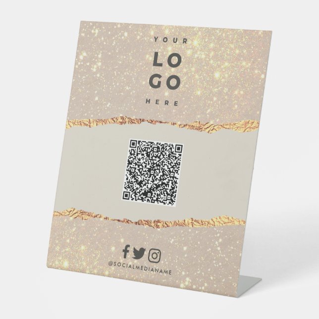 Rose gold black elegant modern QR code branding Pedestal Sign (Front)