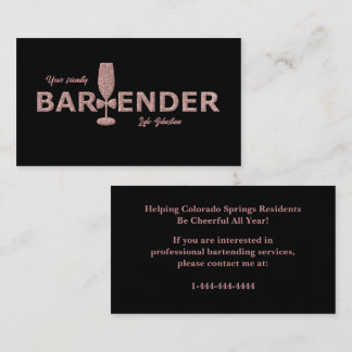 Rose Gold & Black Event Bartender Business Card