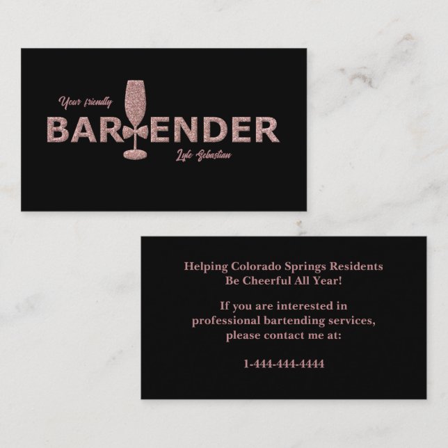 Rose Gold & Black Event Bartender Business Card (Front/Back)