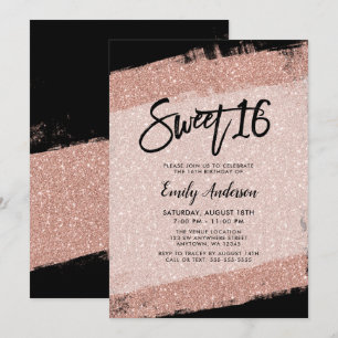 Rose Gold Black Faux Glitter Brush Sweet 16 Invitation