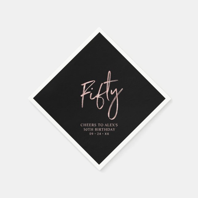 Rose Gold & Black Fifty Adult 50th Birthday Party Napkin (Corner)