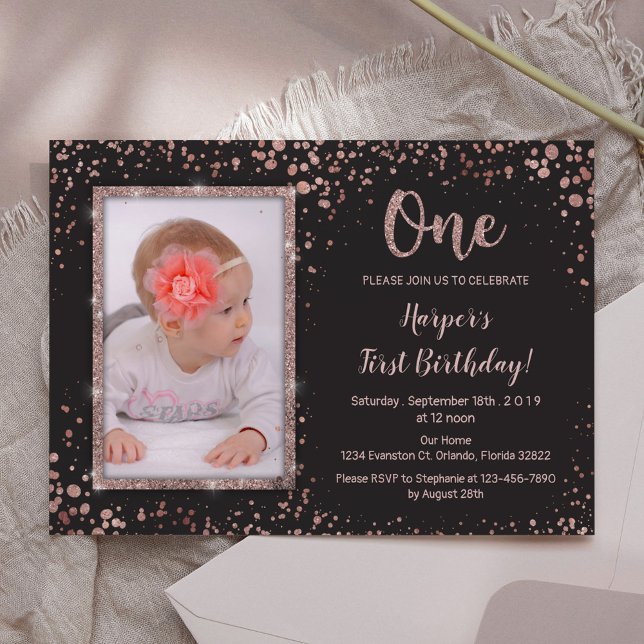 Rose Gold Black First Birthday Photo Invitation (Creator Uploaded)