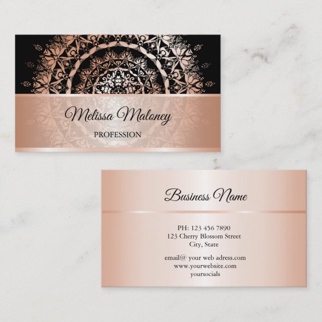 Rose Gold Black Floral Damask Mandala Business Card (Front/Back)