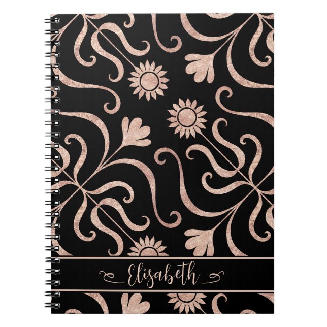   Rose Gold & Black Floral Damask Sunflower Classy Notebook (Front)