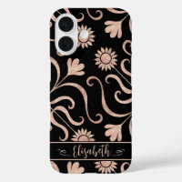 Rose Gold & Black Floral Damask Sunflower Folk Art