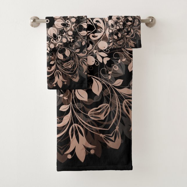 Rose Gold Black Floral Elegant Mandala Bath Towel Set (Insitu)