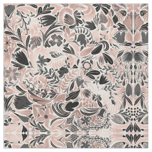 Rose Gold Black Floral Leaf Illustration Pattern Fabric