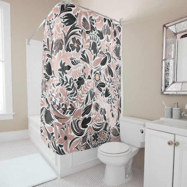 Rose Gold Black Floral Leaf Illustration Pattern Shower Curtain (In Situ)