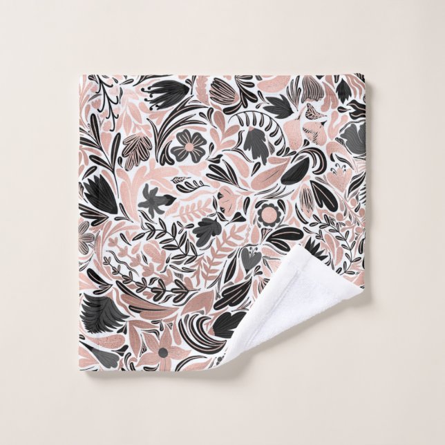 Rose Gold Black Floral Leaf Illustration Pattern Wash Cloth (Wash Cloth)
