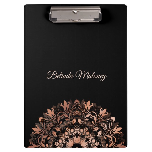 Rose Gold Black Floral Mandala Clipboard (Front)