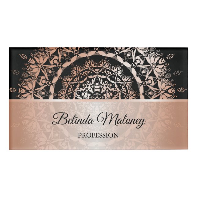 Rose Gold Black Floral Mandala  Name Tag (Front)