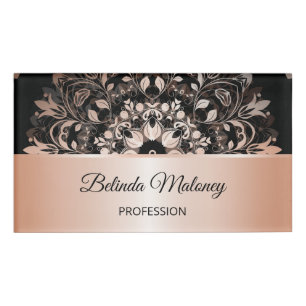 Rose Gold Black Floral Mandala Name Tag