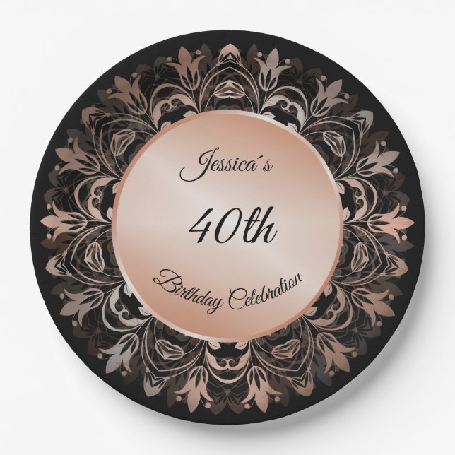 Rose Gold Black Floral Mandala Paper Plate (Front)