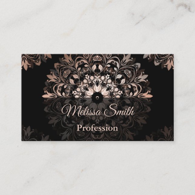 Rose Gold Black Floral Mandala Salon Business Card (Front)