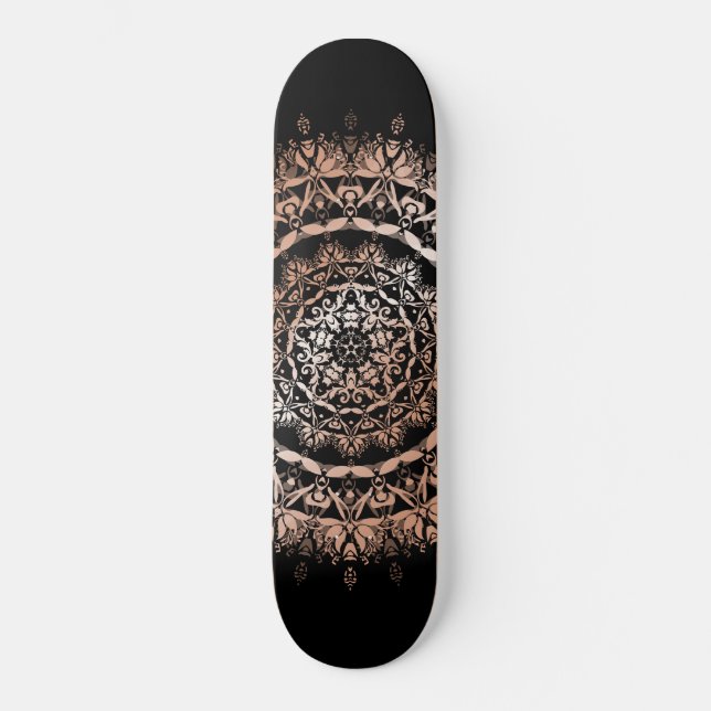 Rose Gold Black Floral Mandala Skateboard (Front)