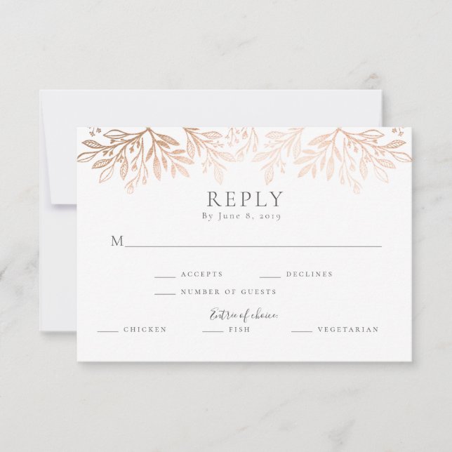 Rose Gold Black Floral Rustic Typography Wedding RSVP Card (Front)