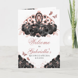 Rose Gold & Black Floral Tiara Quinceanera Program Invitation