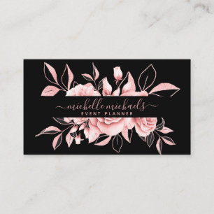 Rose Gold Black Floral Watercolor Event Planner Business Card