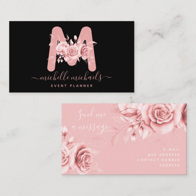 Rose Gold Black Floral Watercolor Monogram Business Card (Front/Back)