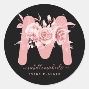 Rose Gold Black Floral Watercolor Monogram Classic Round Sticker