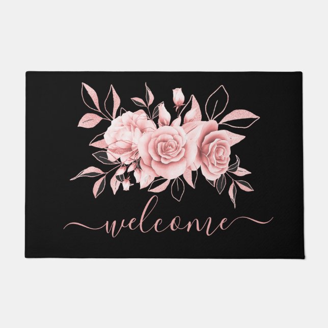 Rose Gold Black Floral Watercolor "Welcome" Doormat (Front)