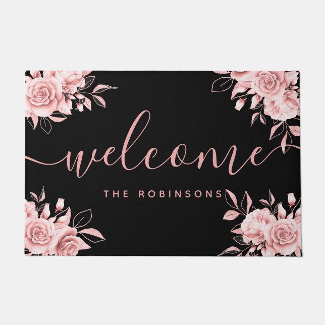 Rose Gold Black Floral Welcome Family Name  Doorma Doormat (Front)