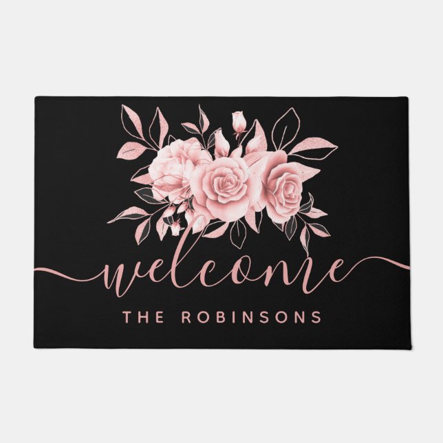 Rose Gold Black Floral Welcome Family Name  Doormat (Front)