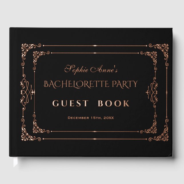 Rose Gold Black Flourish Frame Bachelorette Party Guest Book (Front)