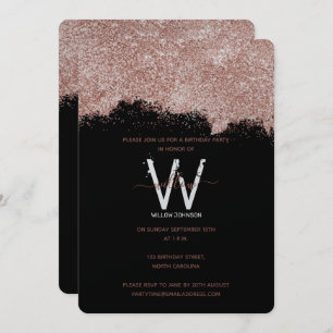 Rose Gold Black Girly Glitter Any Year Birthday Invitation