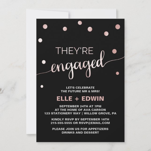 Rose Gold & Black Glam Confetti Engagement Party Invitation (Front)