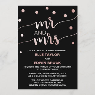 Rose Gold & Black Glam Confetti Mr and Mrs Wedding Invitation