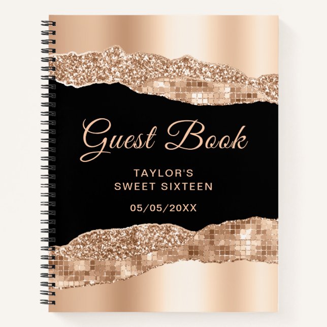 Rose Gold Black Glam Tear Sweet Sixteen Guest Book (Front)
