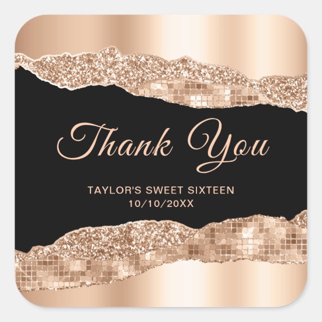 Rose Gold Black Glam Tears Sweet Sixteen Thank You Square Sticker (Front)