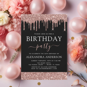 Rose Gold Black Glitter Any Age Birthday Invitation