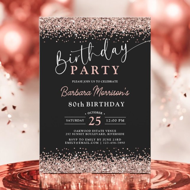 Rose Gold Black Glitter Any Age Birthday Invitation (Creator Uploaded)