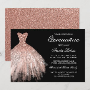 Rose Gold Black Glitter Dress Quinceanera Invitation