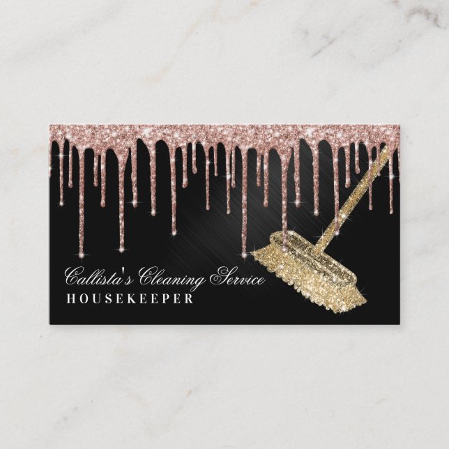 Rose Gold Black Glitter Drips Cleaning Service Business Card (Front)