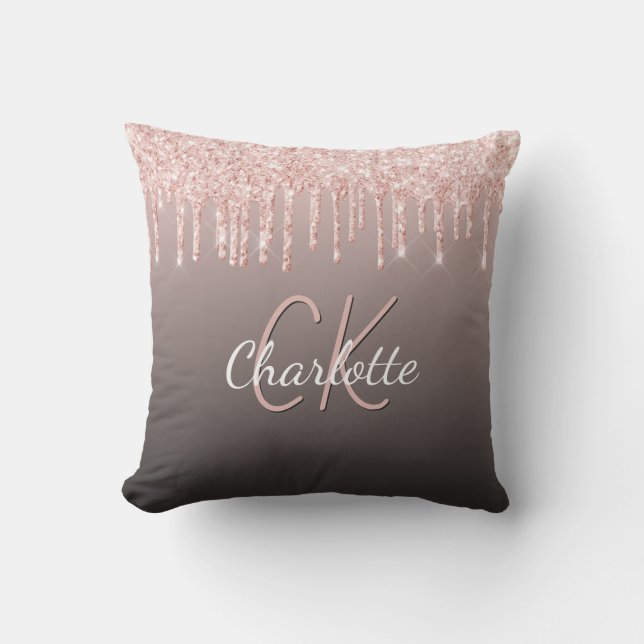 Rose gold black glitter drips custom monogram name cushion (Front)