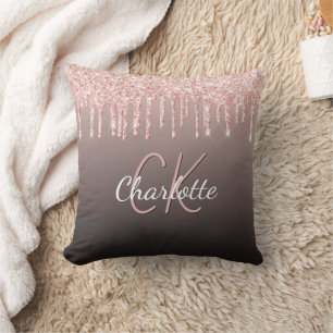 Rose gold black glitter drips monogram name cushion
