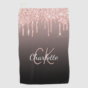 Rose gold black glitter drips monogram name golf towel