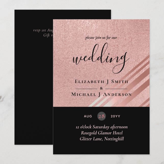 Rose Gold Black Glitter Foil Look WEDDING (Front/Back)