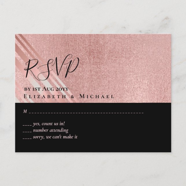 Rose Gold Black Glitter Foil Look WEDDING RSVP Postcard (Front)