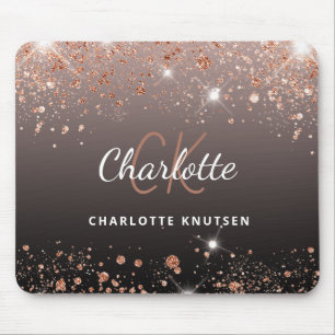 Rose gold black glitter monogram initails name mouse mat